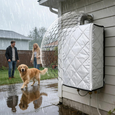 Outdoor Tankless Water Heater Cover With Weatherproof Protection IPX4 Waterproof Rating, Dustproof Cotton Material For Winter, Size 13.8x7.9x22.4 Inches, Adjustable Windproof Design For Garden And Backyard Installations shown protecting heater from rain.