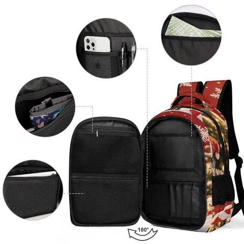 Red Winter Xmas Scene Printed Unisex Backpack Large Capacity Crafted From Durable Polyester showing open compartments
