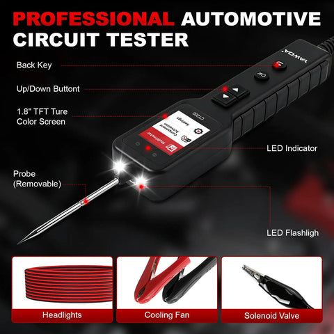 Circuit Probe Kit Pro Grade With 1.8 Inch Color TFT Display For 0 To 80V Automotive Electrical Systems Quick Short Finder Breaker Detector Component Activated Tests And Multimeter Mode With Four Diagnostic Functions DC Voltage AC Voltage Resistance Diode, black handheld tester with probe