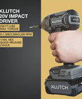 Brushless 20 Volt Drill Driver And Impact Driver Kit With One Half Inch And One Quarter Inch Chucks Dual Speed Gearbox shown in hand