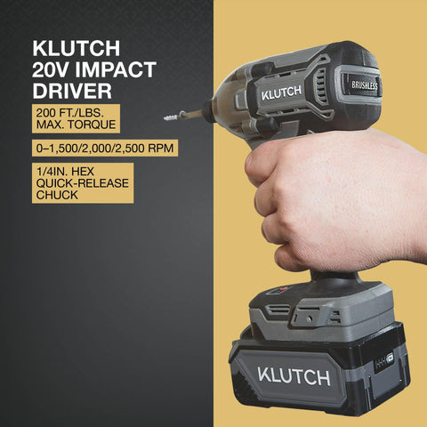 Brushless 20 Volt Drill Driver And Impact Driver Kit With One Half Inch And One Quarter Inch Chucks Dual Speed Gearbox shown in hand
