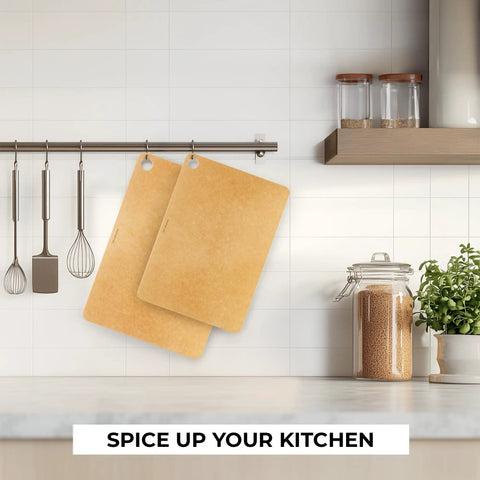 Set Of 2 Heavy Duty Wood Fiber Cutting Boards Kitchen Workhorse Built Like A Tank Heavy Duty Prep Surface hanging in modern kitchen.