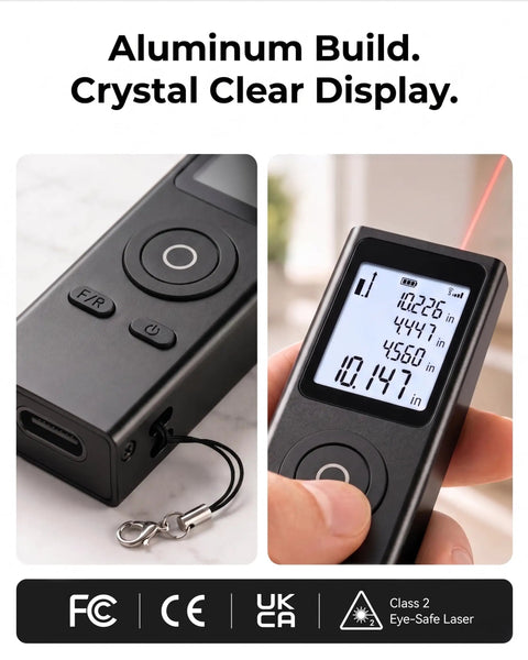 Ultra-Compact Laser Distance Meter Keychain Tool, 2.7 Inch Digital Tape Measure with backlit display and USB-C port