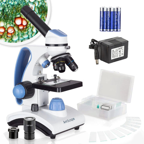 40X-1000X Dual Light All-Metal Microscope Kit For Students And Kids With Slides And Microscope Book, microscope set display