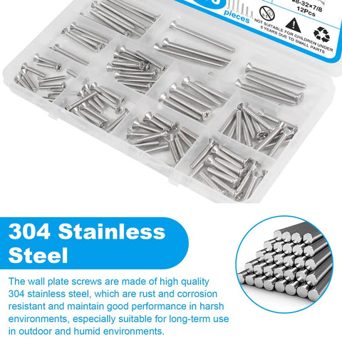 100 Piece Electrical Screw Kit With 6-32 And 8-32 Phillips Flat Head Screws, 304 Stainless Steel Outlet Mounting Screws For Wall Plates, Switches, Receptacles - Handy DIY Pro Grade Set in plastic box