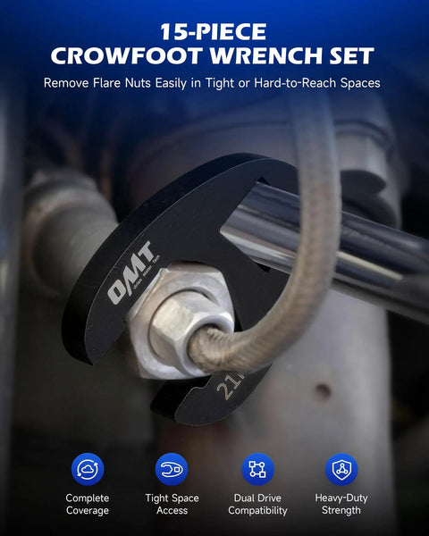 Close-up of Crowfoot Wrench Set, 15-Piece 8-24 Millimeter Metric Flare Nut Wrenches on a metal fastener with laser-etched markings.