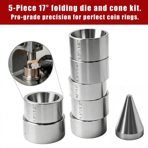 Close-up of 17 Degree Folding Die Set For Ring Sizers And Hydraulic Presses Pro Grade Beefy 5 Piece Stainless Steel Coin Ring Reduction Die Kit With Folding Cone Heavy Duty Tool For Professional Jewelry Making.