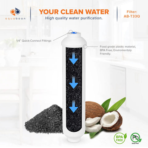 Slick Inline Activated Carbon Water Filter For Refrigerator And Icemaker With Quick Connect Fit For Standard One Fourth Inch Tubing showing coconut media.