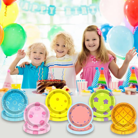 Totally Vibey Under The Sea Paper Plates 7 Inch Yellow Ocean Flower Birthday Party Tableware 60 Piece Set displayed at kids' party.