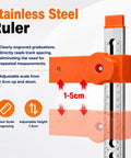 Pro Grade Drawer Slide Installation Jig With Knockout Toggle Clamp And Magnetic Aligner showing adjustable stainless steel ruler with orange clamps.