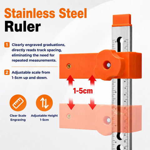 Pro Grade Drawer Slide Installation Jig With Knockout Toggle Clamp And Magnetic Aligner showing adjustable stainless steel ruler with orange clamps.