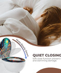 Toilet Seat Round Resin Bathroom with soft close feature, colorful design, positioned above a toilet, showcasing quiet functionality.