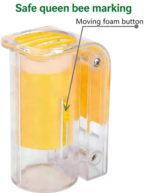 Transparent cage from Six Piece Queen Bee Catcher Cage Set For Beekeeping With One Handed Use, highlighting moving foam button.