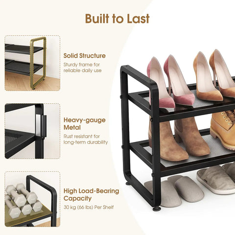 Adjustable Expandable Metal Shoe Rack For Closet Featuring Sturdy Mesh Shelves That Keep Ya Boots And Heels Straight Up Tidy Stackable Storage Organizer For Entryway Garage And Tiny Rooms In Matte Black Finish