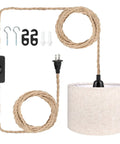 Plug And Play Boho Pendant Light With 16 FT Natural Linen Shade And Integrated On Off Switch Hemp Cord showcasing components and design.