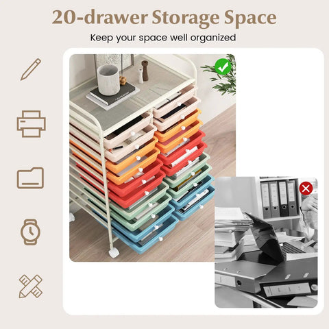 20-Drawer Rolling Storage Cart With Removable Drawers And Lockable Wheels, Multifunctional Mobile Craft Organizer for home use