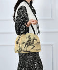 Person holding Skeleton Horse Desert Vintage Insulated Lunch Bag For Women And Men, reusable tote with desert print.
