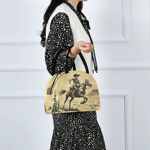 Person holding Skeleton Horse Desert Vintage Insulated Lunch Bag For Women And Men, reusable tote with desert print.
