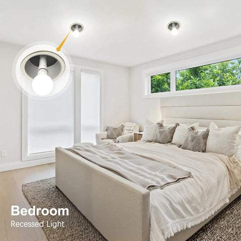 Flexible E26 Socket Extender Adapter with Adjustable Reach in a bedroom recessed light, showcasing bulb extension use.