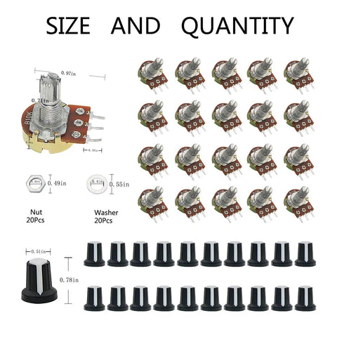 10K Ohm Knurled Shaft Linear Rotary Taper Potentiometer Kit With Knob Nuts Washer Set 20 Pieces for precise audio adjustments