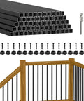 60 Pack 32 Inch Square Aluminum Deck Balusters Built Like A Tank Black Metal Spindles With Anti Uv Connectors Included Rustproof Railing Hardware, screws and connectors shown.