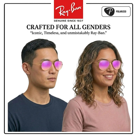 RB3025 Pilot Shape Polarized Sunglasses For Men And Women With Cyclamen Flash Lens worn by diverse models showcasing casual and formal style.