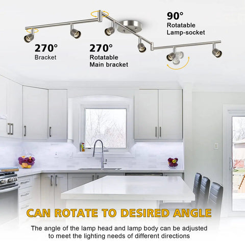 Six-Head LED Track Lighting Kit In Brushed Nickel With Adjustable Foldable Arms GU10 Base Ceiling Spotlights in kitchen