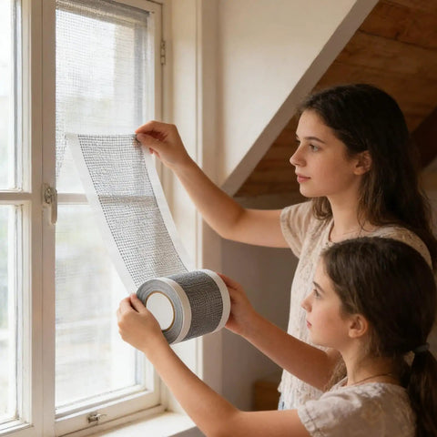 Two people installing Cuttable Window Screen Repair Tape For Holes And Tears on a window screen in a home.