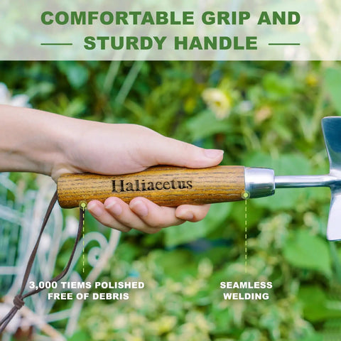 Hand holding Beefy Stainless Steel Bend Proof Garden Trowel With Comfortable Wood Handle against green garden background.