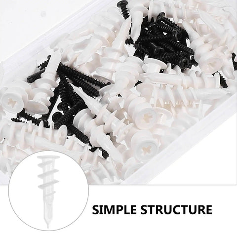 Drywall Anchor Kit With Self-Tapping Screws And Plastic Anchors, Zinc And Plastic Materials, Strong Bond For Lightweight Concrete And Gypsum Walls, 100 Piece Set, Easy To Install And Remove, Great For Shelves And Decor. White and black drywall anchors in a 100-piece tray