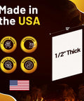 Half Inch Thick 12 By 16 Inch Ceramic Fiber Board Insulation Smoke Free Fireproof 2300°F Rated Short Term Use, made in USA, features icons.