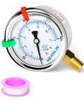 Stainless Steel Liquid Filled Pressure Gauge 0-100 Psi, 2.5 Inch Dial, 1/4 In NPT, Lower Mount, Glycerin Filled For Water Oil And Air Systems