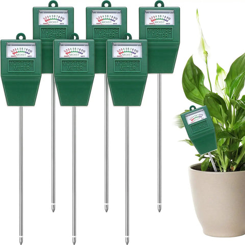 Six Pack Digital Soil Moisture Meters With Long Probes No Battery Required for Plant Care next to potted plant
