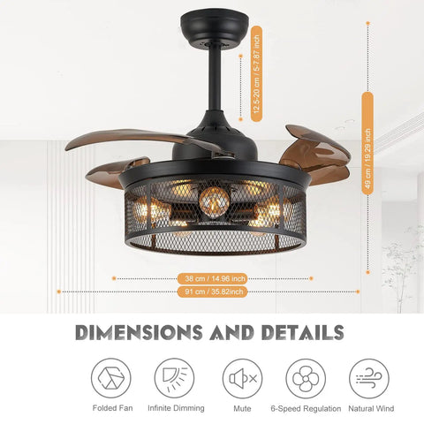 36 Inch Caged Ceiling Fan With Remote Control And Chandelier Light Kit Retractable Blades Six Speeds Quiet Energy Efficient Indoor