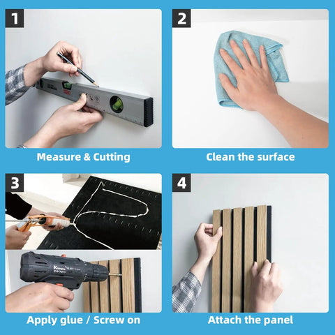 Installation steps for Roll Flexible Acoustic Wood Slat Wall Panels Teak Finish Sound Absorbing Polyester Felt Backing.