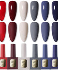 Six Piece 12ml Gel Nail Polish Set In Red, Wine Red, Light White, Gray, Blue, And Dark Blue bottles and color swatches