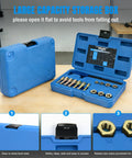 Beefy 15 Piece Metric Thread Chaser Set Master Thread Repair Kit With Case Includes 7 Taps 7 Dies And 1 Thread File For M6 M8 M10 M12 Automotive Tool For Mechanics Auto Shops Home Garage And Mobile Repair in open blue hard case on table showing component arrangement.