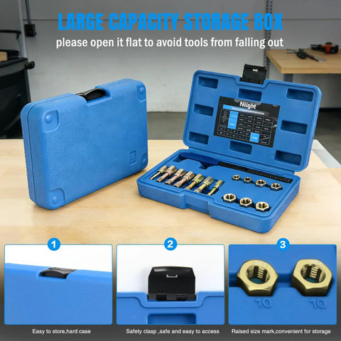 Beefy 15 Piece Metric Thread Chaser Set Master Thread Repair Kit With Case Includes 7 Taps 7 Dies And 1 Thread File For M6 M8 M10 M12 Automotive Tool For Mechanics Auto Shops Home Garage And Mobile Repair in open blue hard case on table showing component arrangement.