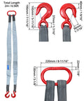 Heavy Duty Two Leg Bridle Web Sling Polyester Lifting Strap With Tough Steel Grab Hooks 6.56 Feet Long with measurements and hooks