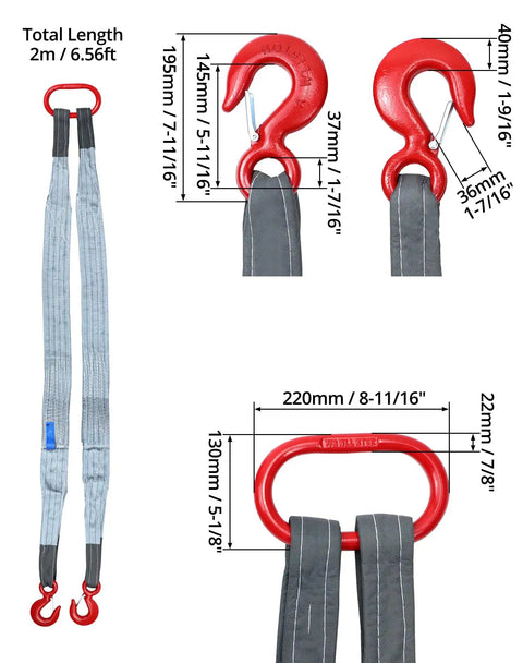Heavy Duty Two Leg Bridle Web Sling Polyester Lifting Strap With Tough Steel Grab Hooks 6.56 Feet Long with measurements and hooks