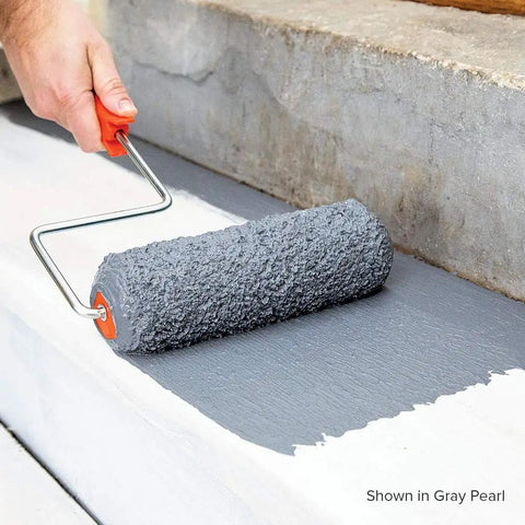 Applying Tough Shield Floor And Patio Paint Gray Pear 1 Gallon Waterborne Acrylic Enamel on concrete surface with a roller
