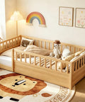 Twin Floor Bed With High Safety Fence, Solid Pine Wood Montessori Toddler Sleep Platform, Natural Finish Wooden Frame in bright nursery