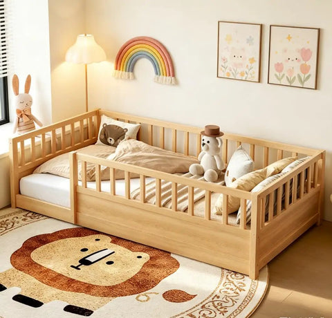 Twin Floor Bed With High Safety Fence, Solid Pine Wood Montessori Toddler Sleep Platform, Natural Finish Wooden Frame in bright nursery