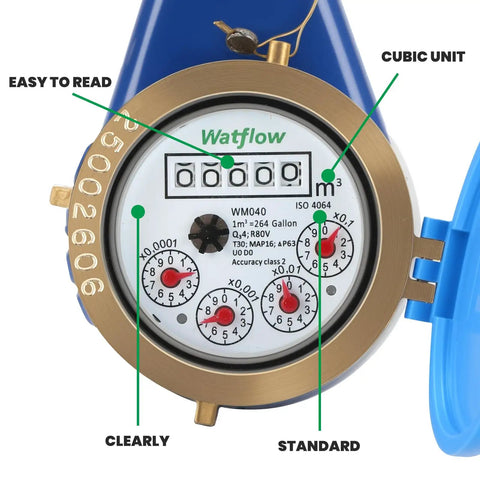 Display of Vertical Water Meter DN20 With 3/4 Inch NPT Couplings, Heavy Brass Cold Water Meter With Pulse Output, ISO4064 Certified