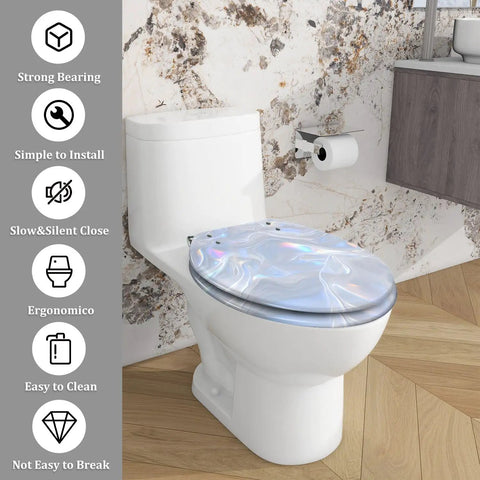 Elongated Resin Toilet Seat for Bathroom positioned on a toilet, showcasing its sturdy design and modern iridescent finish.