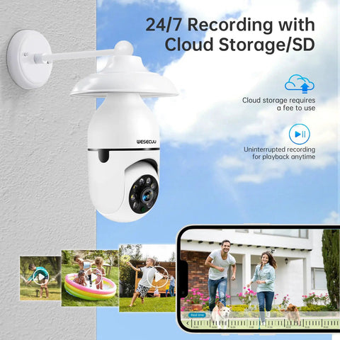 Smart Light Bulb Camera With 5G And 2.4GHz WiFi 2K Outdoor Security Motion Detection; cloud storage feature highlighted.