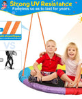 Rainbow Saucer Swing With Stand for Kids Outdoor Playset with strong UV resistance, two children seated, multi-strand ropes.