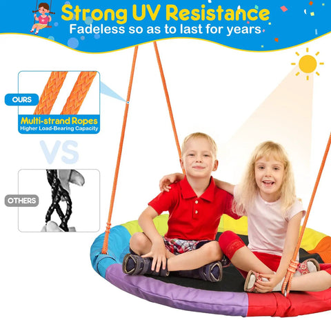 Rainbow Saucer Swing With Stand for Kids Outdoor Playset with strong UV resistance, two children seated, multi-strand ropes.