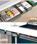 Premium Under Desk Drawer Storage Set With Three Attachable Slide Out Trays For Office And Home keep the desktop hella tidy, showing open and closed trays with supplies.