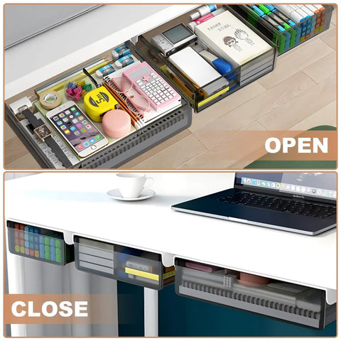 Premium Under Desk Drawer Storage Set With Three Attachable Slide Out Trays For Office And Home keep the desktop hella tidy, showing open and closed trays with supplies.